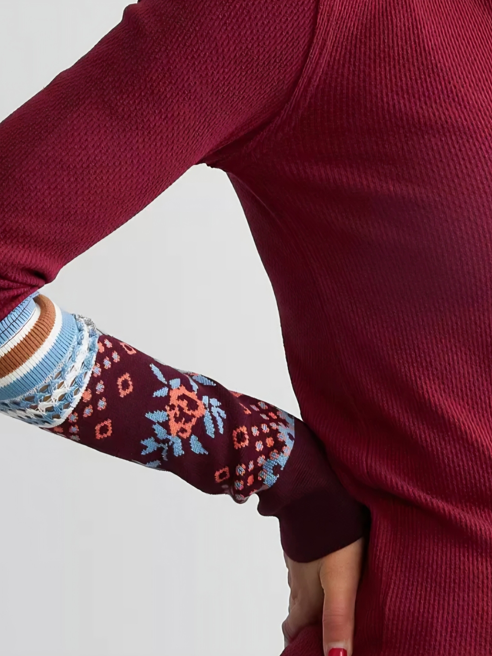 We The Free Burgundy Long Sleeve with Patterned Cuffs Small - Picture 3 of 6